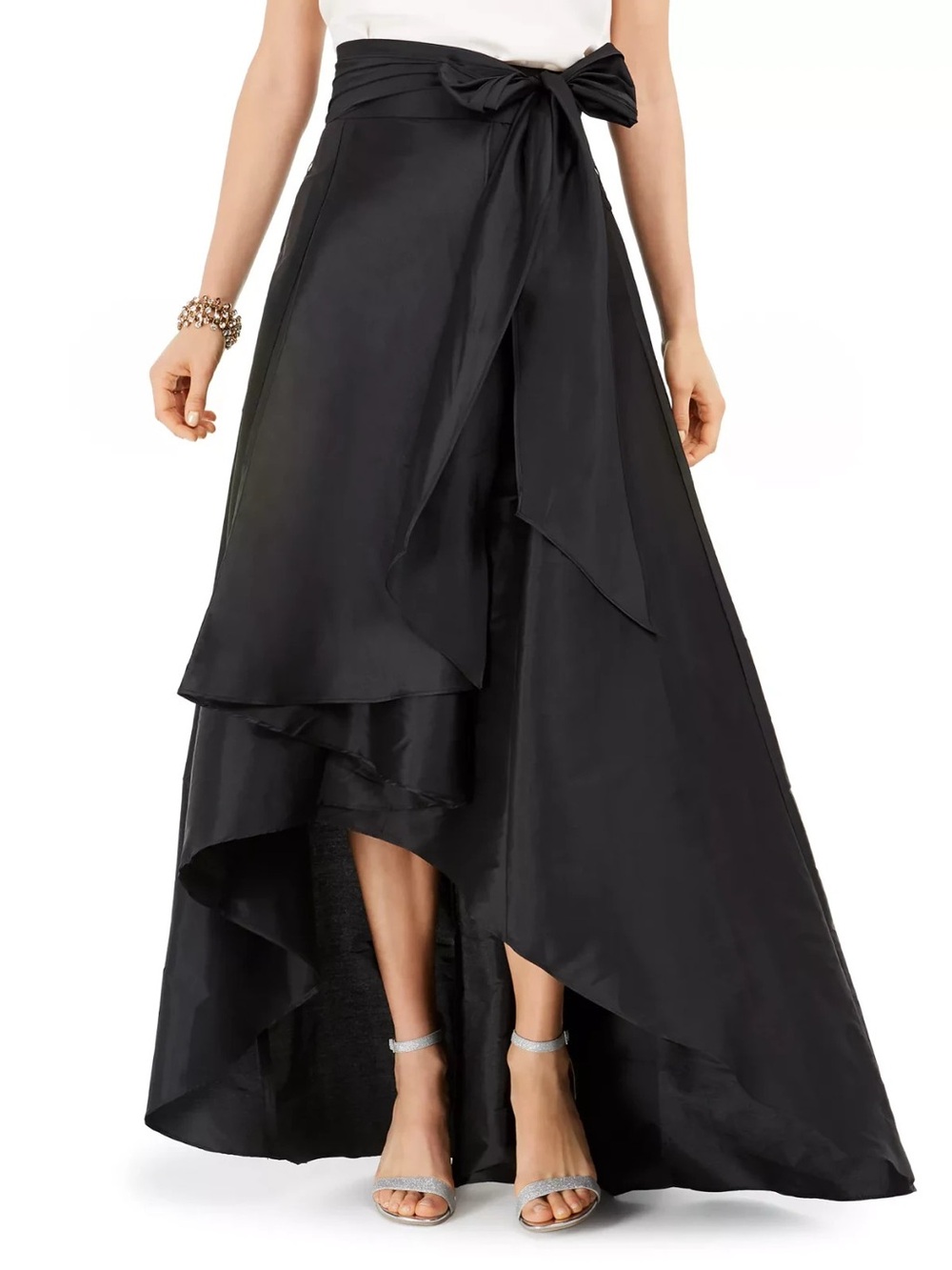 Adrianna Papell Black Layered High-Low Wrap Maxi Skirt with Waist Tie